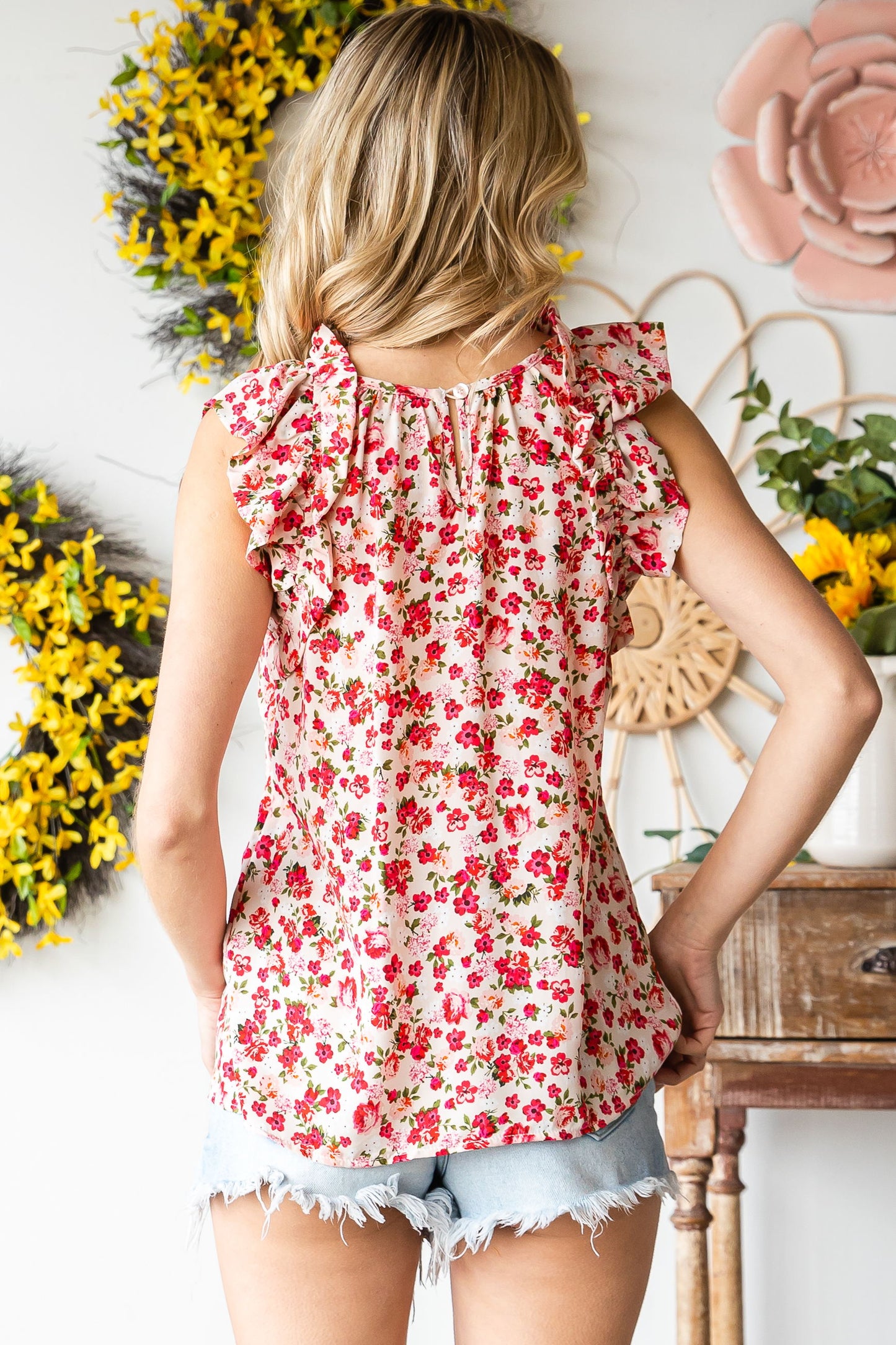 Floral Print Ruffled Mock Neck Sleeveless Top