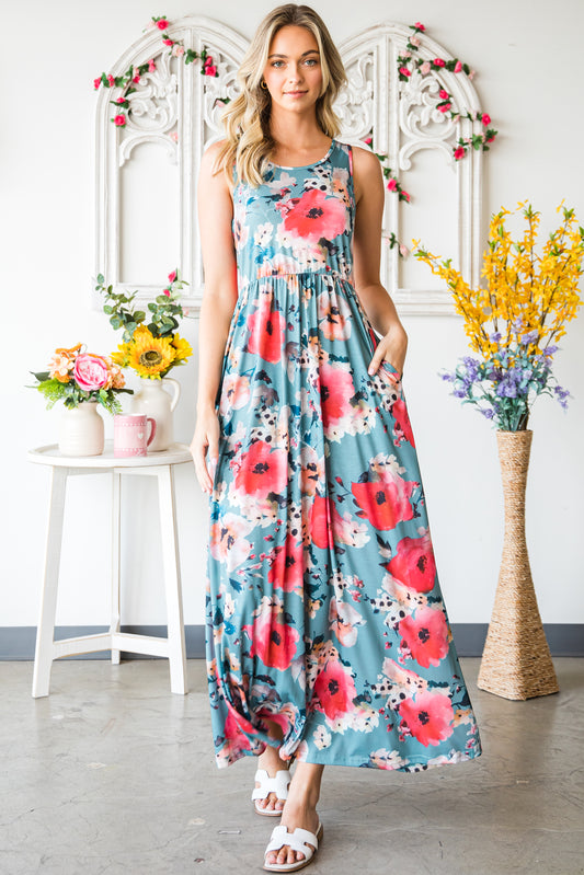 Boho Print Sleeveless High Waist Long Floral Dress