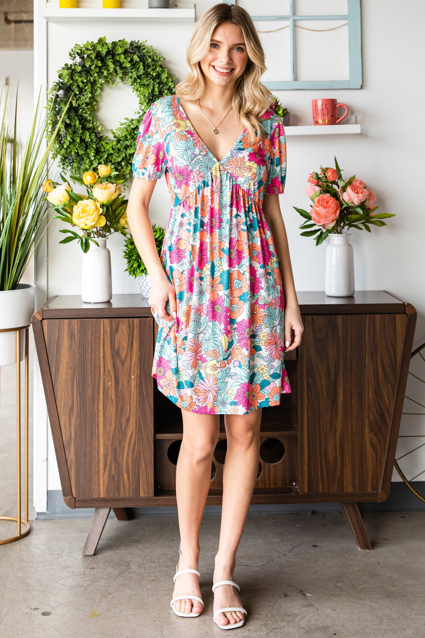 Multicolor Floral Print Tie Back Short Sleeve Dress