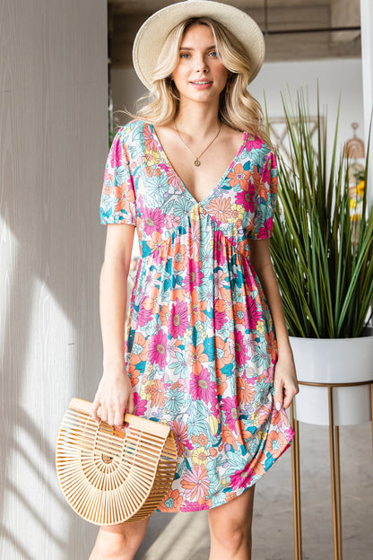 Multicolor Floral Print Tie Back Short Sleeve Dress