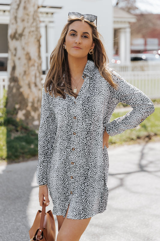 Long Sleeve Leopard Animal Print Shirt Dress