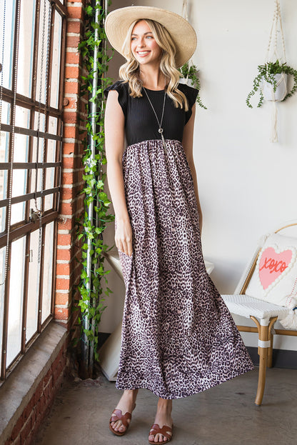 Leopard Patchwork Ribbed Maxi Dress with Pockets