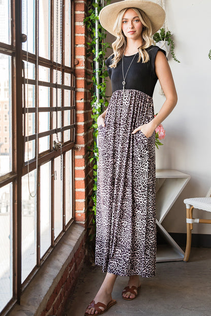 Leopard Patchwork Ribbed Maxi Dress with Pockets