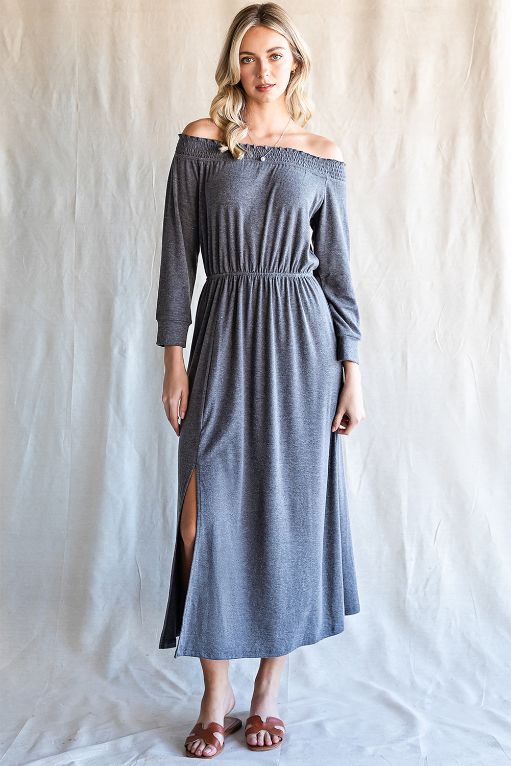 Shirred Off Shoulder Maxi Dress with Split