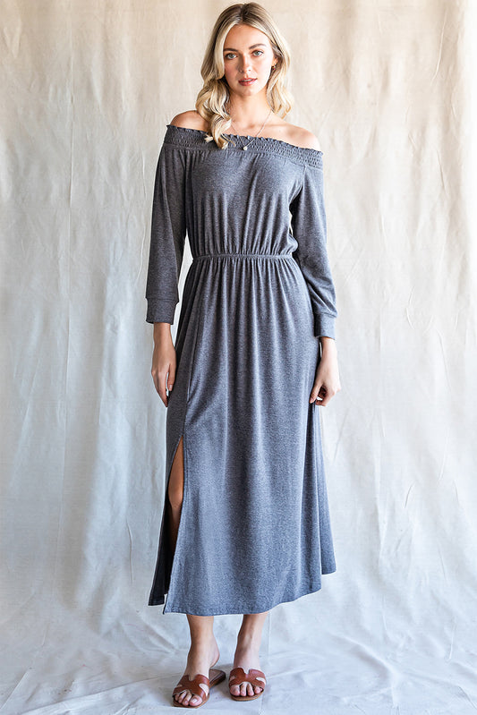 Shirred Off Shoulder Maxi Dress with Split