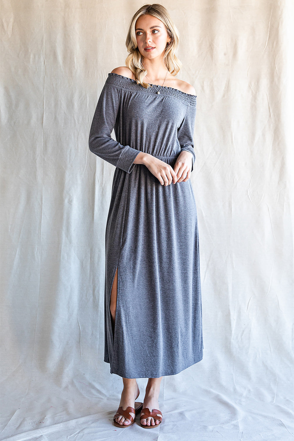 Shirred Off Shoulder Maxi Dress with Split