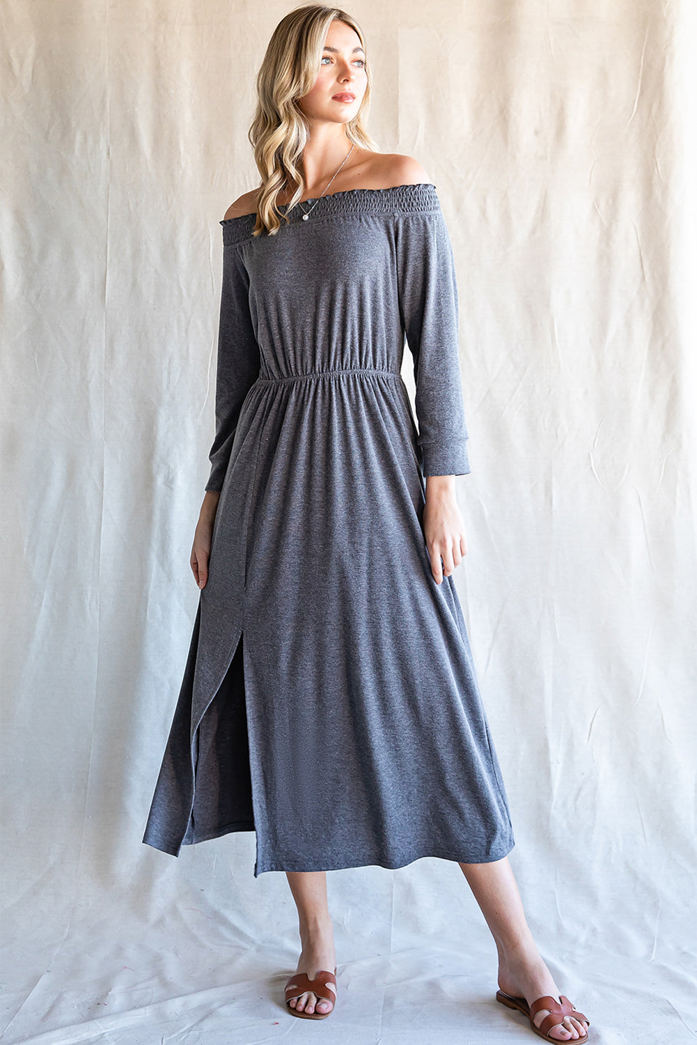 Shirred Off Shoulder Maxi Dress with Split