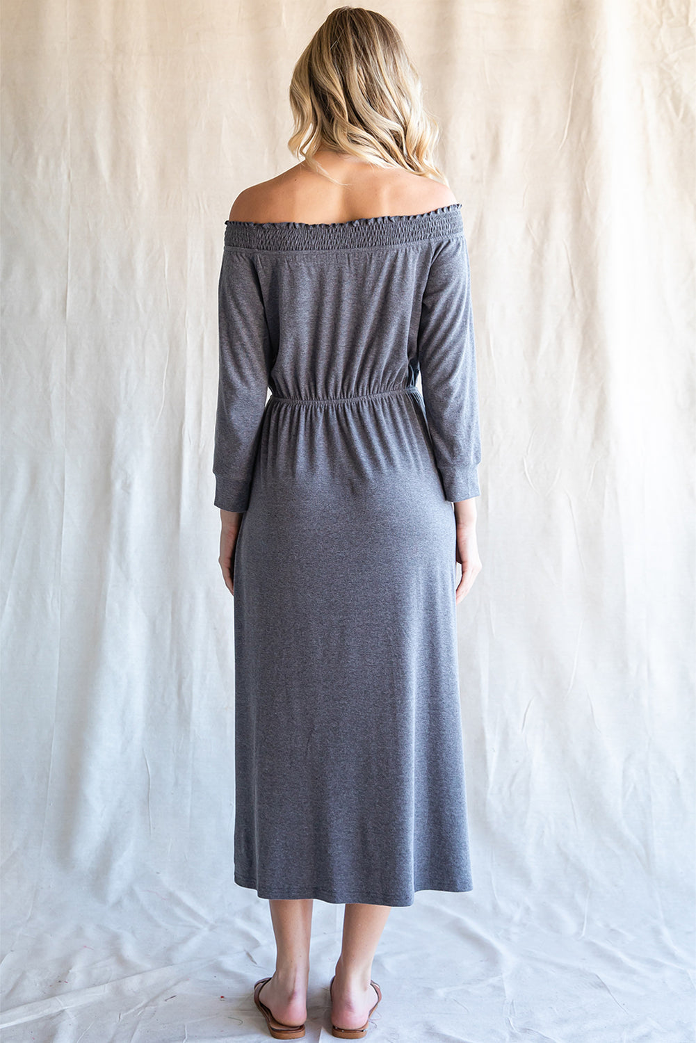 Shirred Off Shoulder Maxi Dress with Split