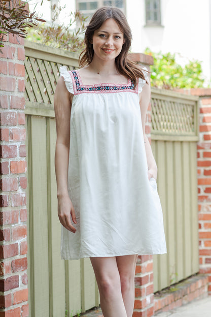 Beige Frill Embroidered Square Neck Shift Dress