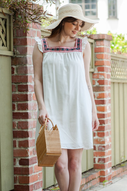 Beige Frill Embroidered Square Neck Shift Dress