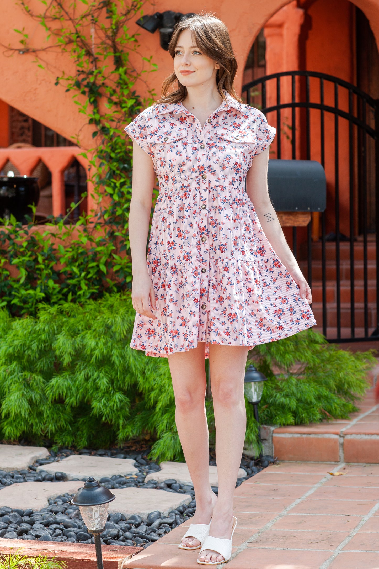 Short Sleeve Flap Pockets Shirt Floral Dress