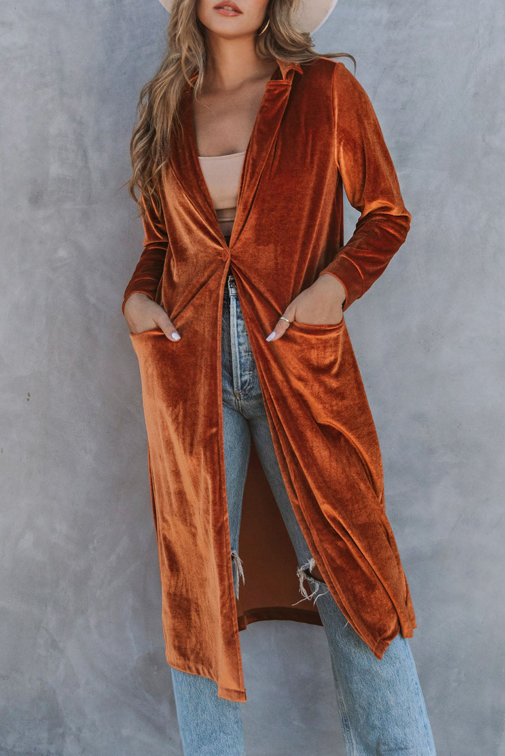 Retro Velvet Long Sleeve Pocket Coat