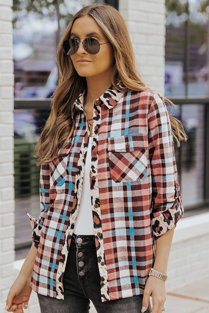 Multicolor Plaid Print Leopard Trim Shirt Jacket