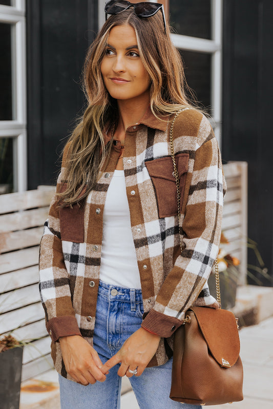 Pocketed Buttoned Plaid Shirt Jacket