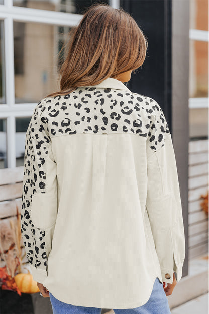 Leopard Print Detail Pocketed Corduroy Jacket