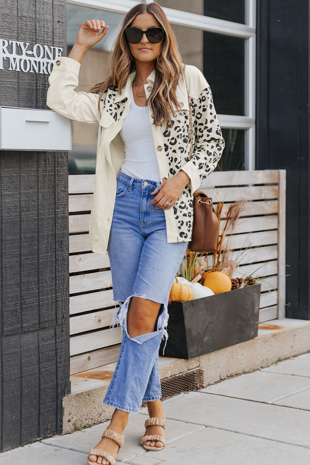 Leopard Print Detail Pocketed Corduroy Jacket