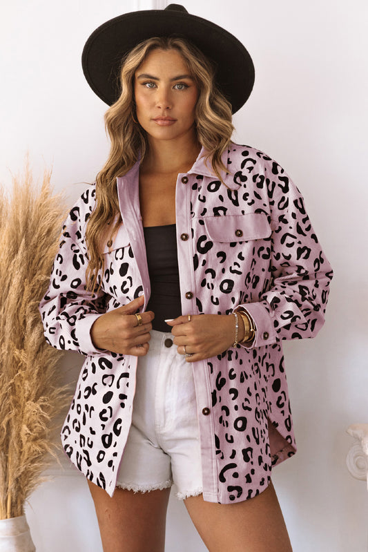 Collared Neckline Flap Pockets Leopard Corduroy Jacket