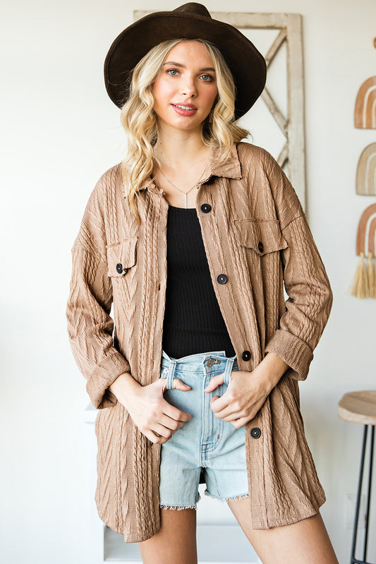 Khaki Oversize Textured Knit Button Front Shacket