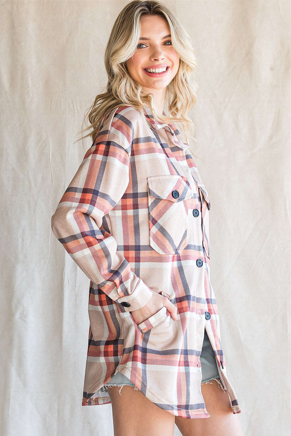 Khaki Chest Pockets Buttoned Oversized Plaid Shacket