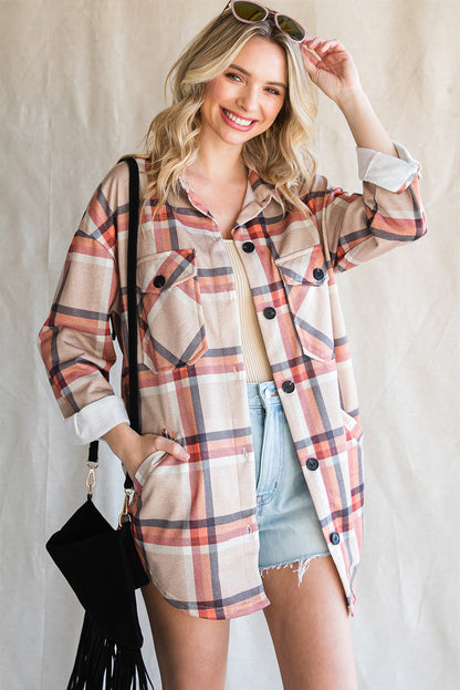 Khaki Chest Pockets Buttoned Oversized Plaid Shacket