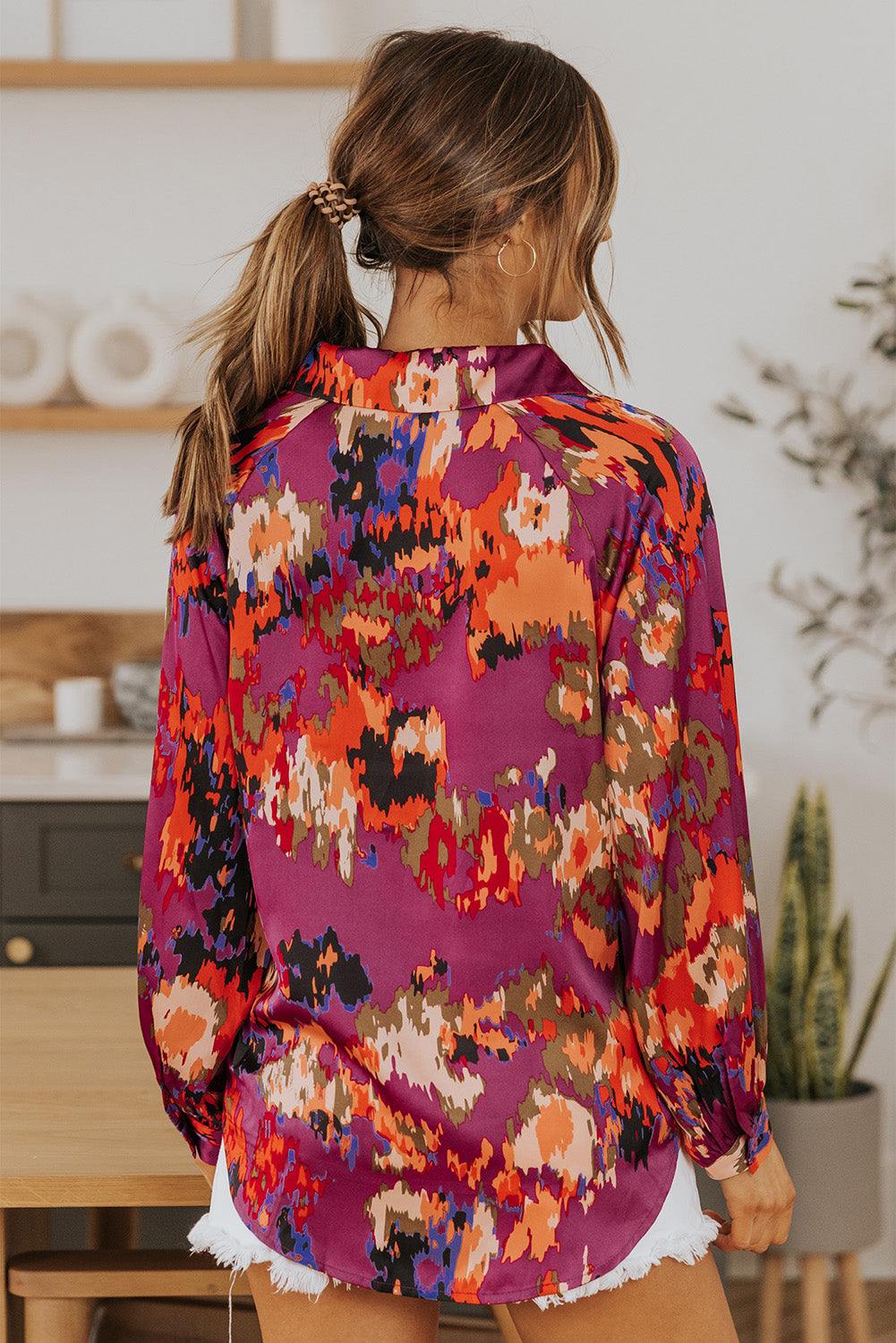 Graffiti Printed V Neck Puff Sleeve Blouse