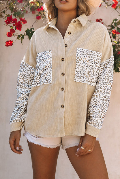 Leopard Patchwork Corduroy Buttoned Shirt Jacket