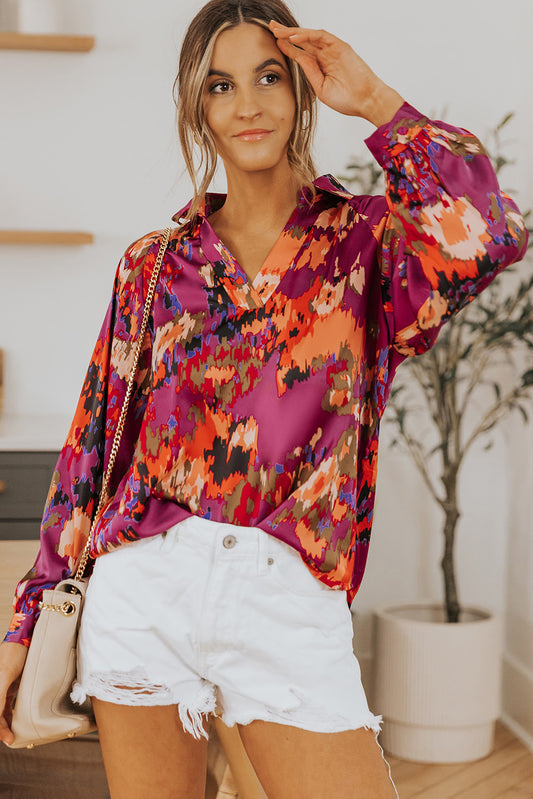 Graffiti Printed V Neck Puff Sleeve Blouse