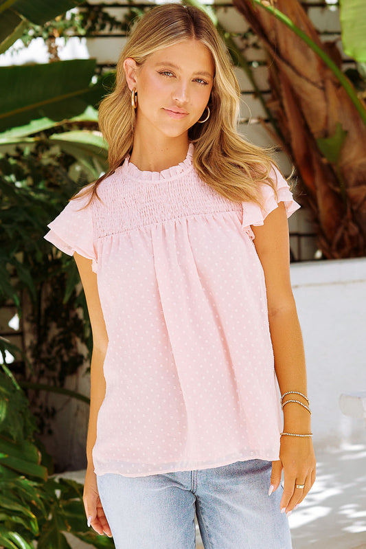 Tiered Sleeve Frilled Neck Dotted Top