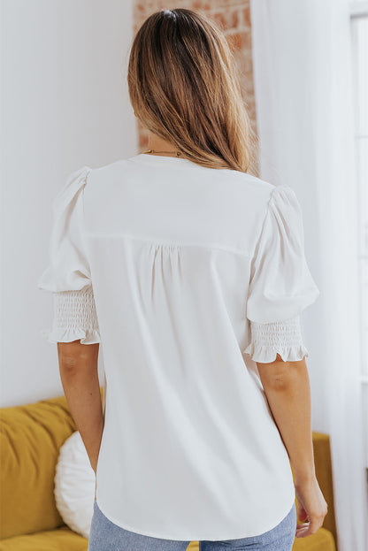 White Solid Color Half Sleeve V Neck Blouse