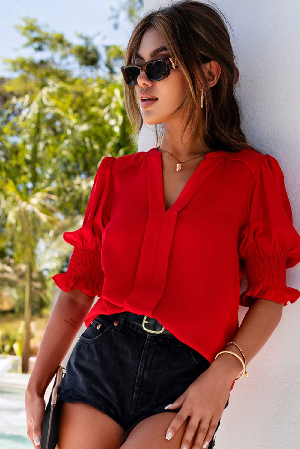 White Solid Color Half Sleeve V Neck Blouse