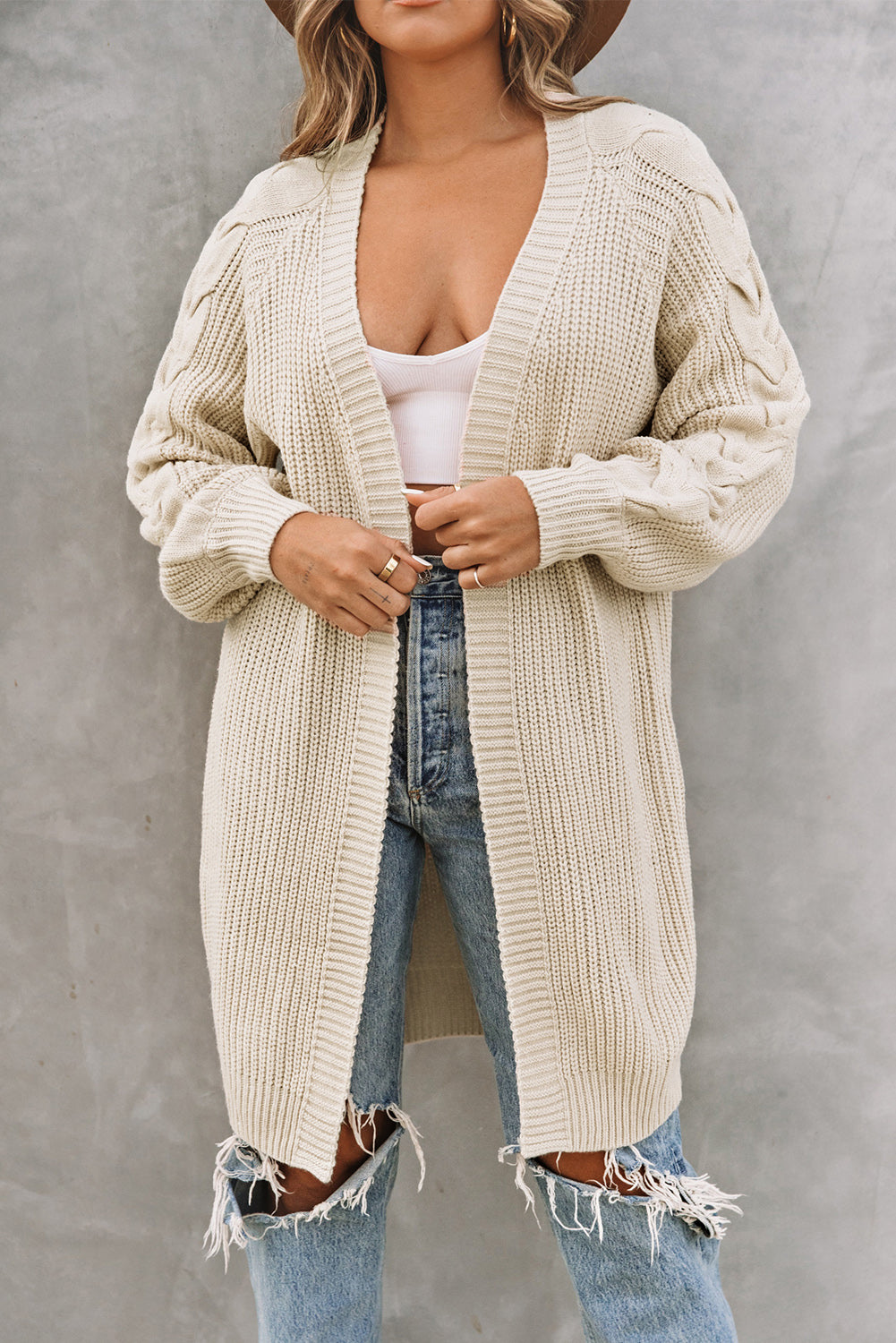 Open Front Cable Sleeve Long Cardigan