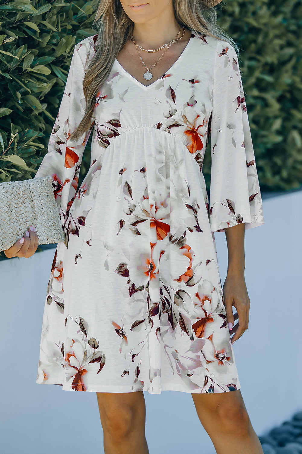 V Neck 3/4 Sleeve Floral Dress